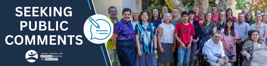 DD Council group photo in front of a building and trees. The text "SEEKING PUBLIC COMMENTS" is on the left side of the image with the ICDD logo below it and a comment icon to the right.