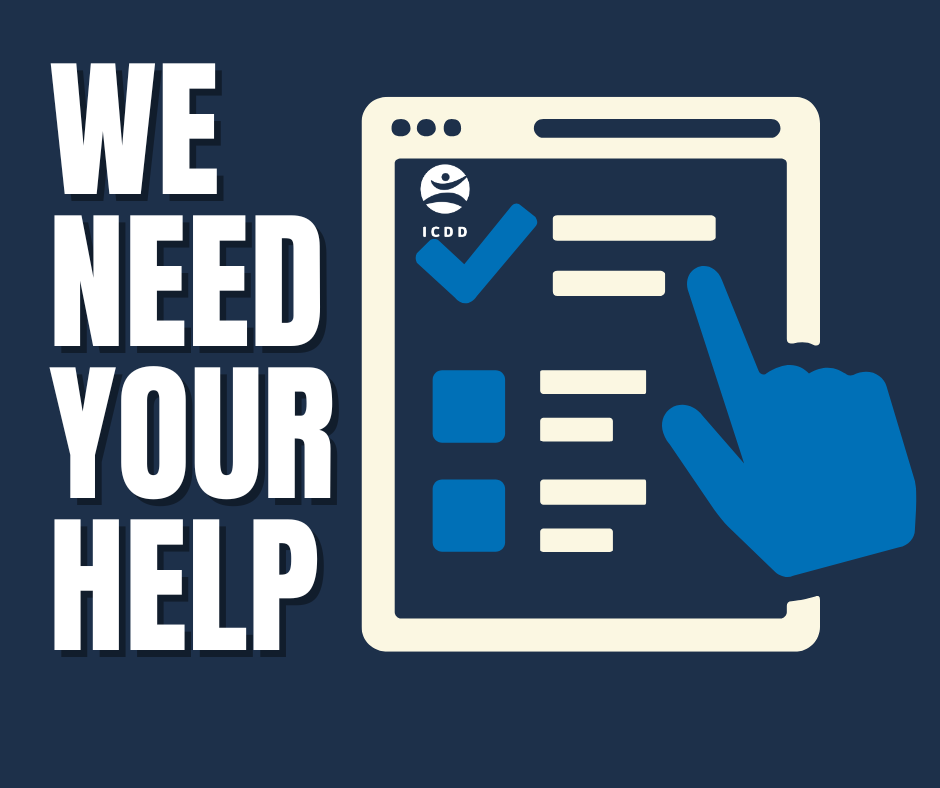 graphic with dark blue background and white text we need your help next to a survey icon